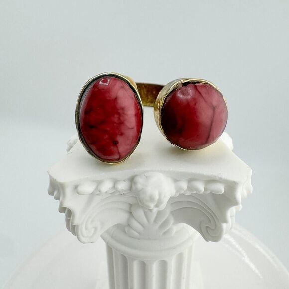 Vintage Hammered Pink Stone Brutalist Double Ring Boho Chic Southwestern Retro - Picture 2 of 6